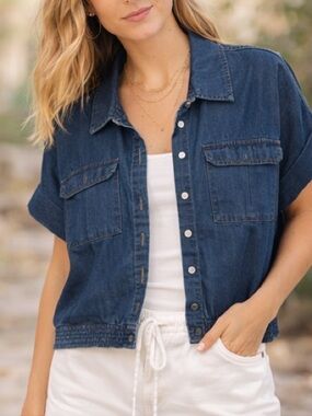 Steve Madden Chambray Utility Jacket Midnight Blue Short Sleeve